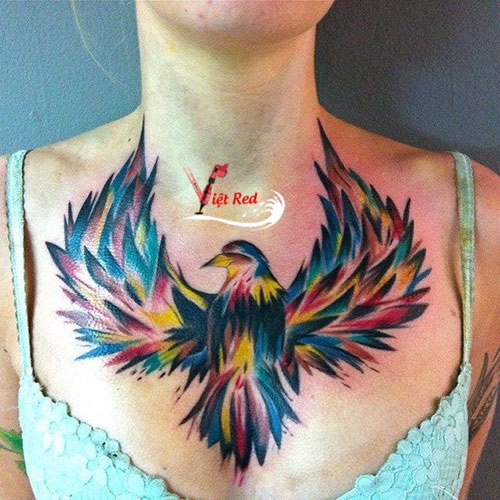 Hình xăm chim đẹp đầy màu sắc ở ngực cho nữ