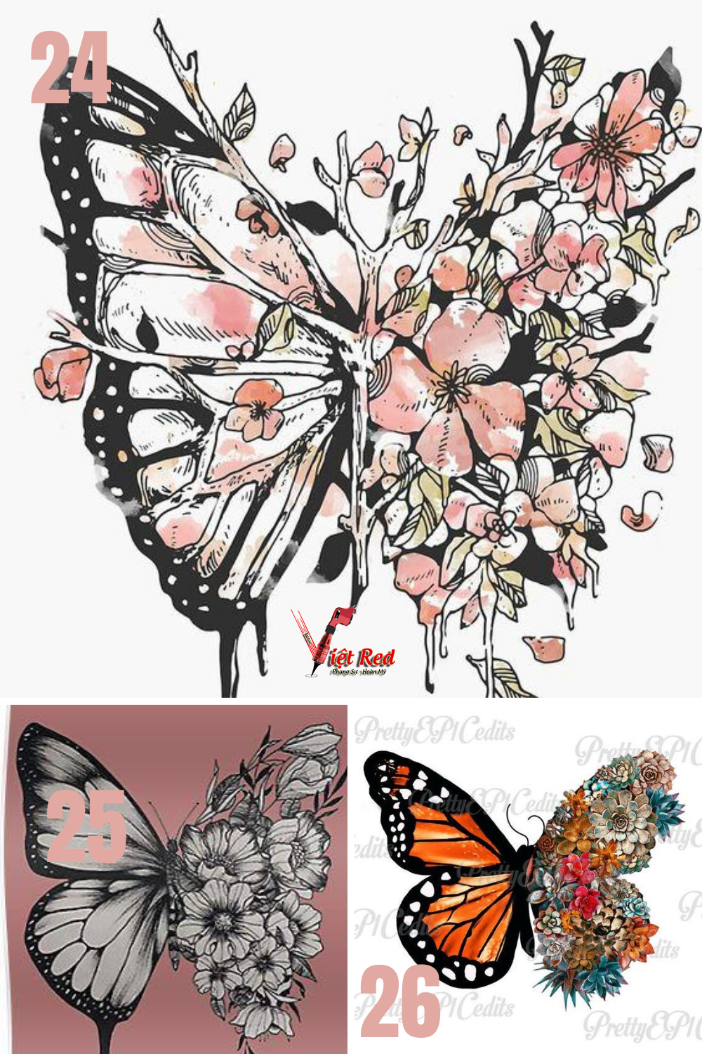 Mẫu hình xăm bướm và hoa kết hợp đẹp xu hướng