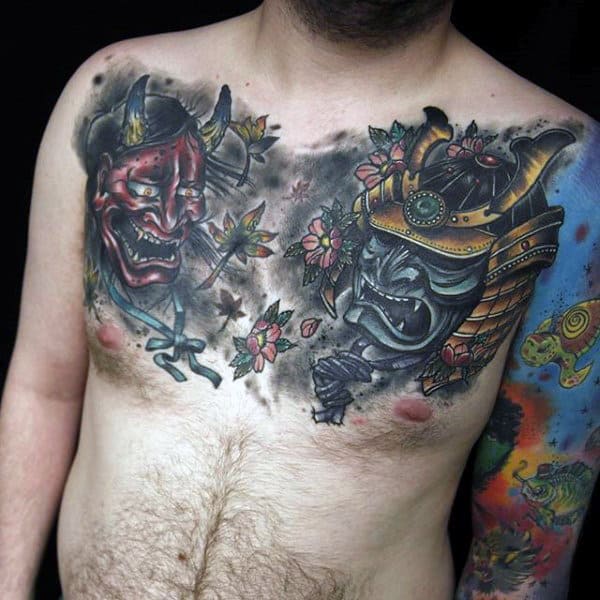 Hình xăm samurai mặt quỷ full ngực